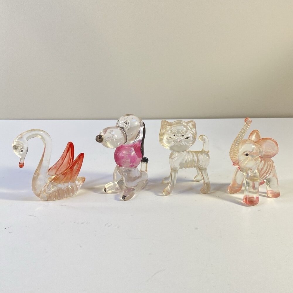 Vintage Hong Kong Lucite Animal Figurine Set of 4 – Cat, Dog, Swan, Elephant